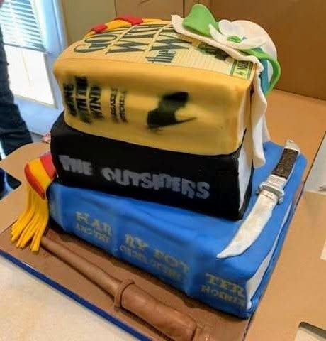 Stacked books cake: Gone with the Wind, The Outsiders and Harry Potter