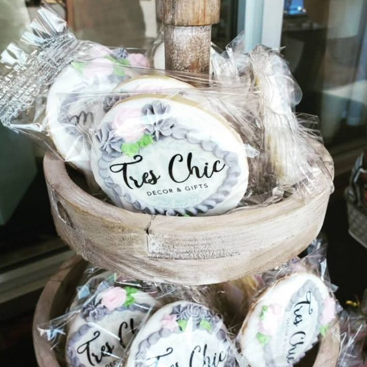 Individually wrapped sugar cookies printed with a boutique's logo