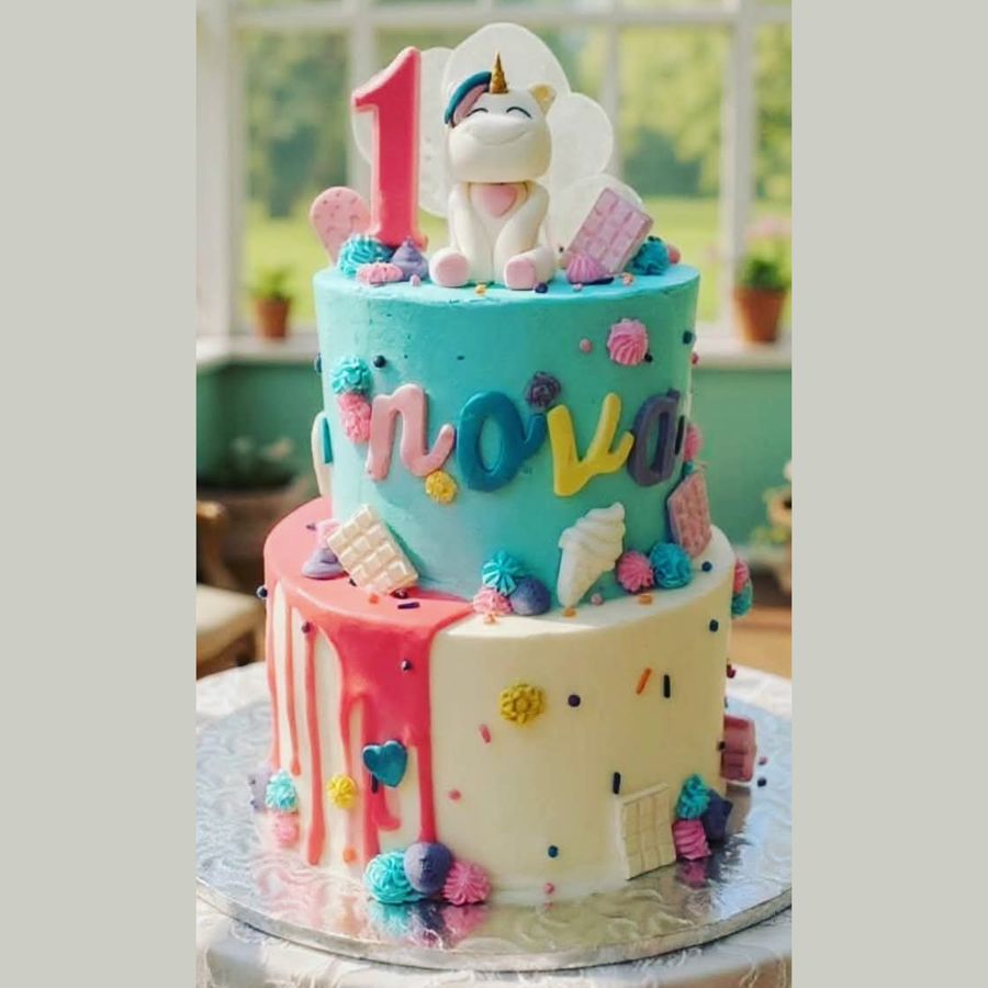Two-tier teal and cream unicorn cake for a first birthday