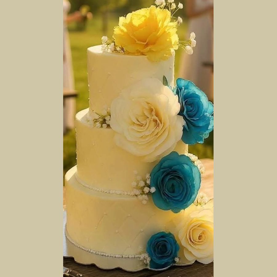 Three-tier ivory wedding cake with cascading yellow, cream and teal roses